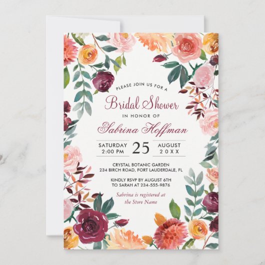 マルサラ赤面ピンクウォーターカラーフラワーブライダルシャワー 招待状 (正面)