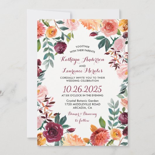 マルサラ赤面ピンク植物花リース結婚ズ 招待状 (正面)