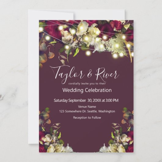 マルサラ&アイボリーウォーターカラーバラ結婚ズ 招待状 (正面)