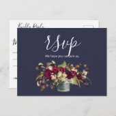 マルサラ & アイボリー ウォーターカラー ローズ | ネイビー RSVP ポストカード (正面/裏面)