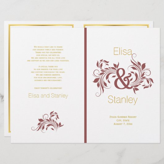 マルサラ・アンパサンド・スクロール・リーフ結婚式プログラム (正面/裏面)