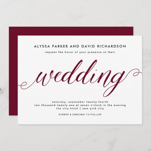 マルサラ | エレガントなスクリプト結婚式招待状 招待状 (正面/裏面)