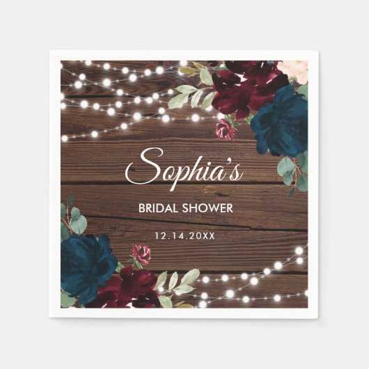 マルサラ&ネイビーフラワーズ素朴ブライダルシャワー スタンダードカクテルナプキン (正面)