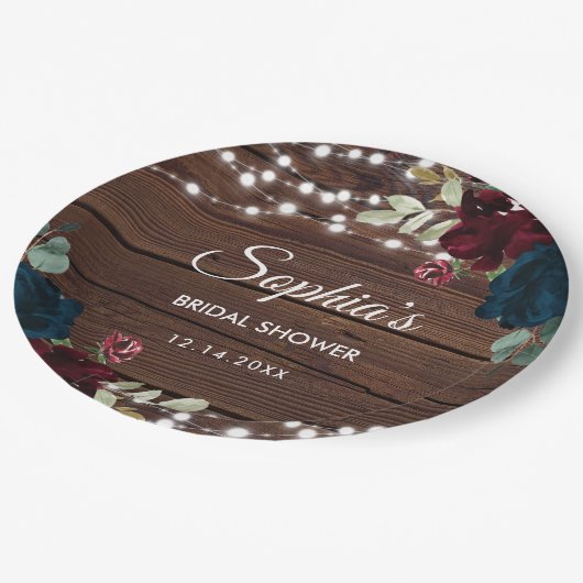 マルサラ&ネイビーフラワーズ素朴ブライダルシャワー ペーパープレート (アングル)