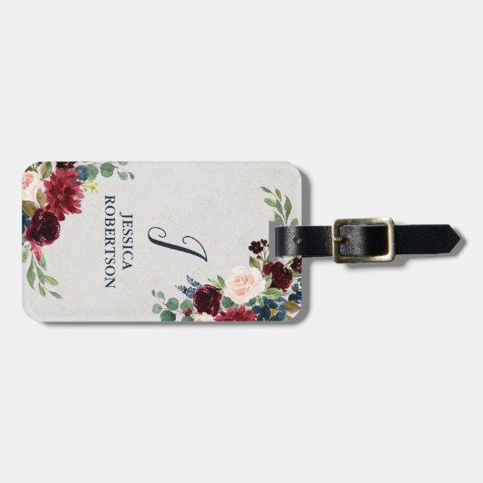 マルサラ&ネイビーフローラシャビーシックモノグラムカスタム ラゲッジタグ (正面横)