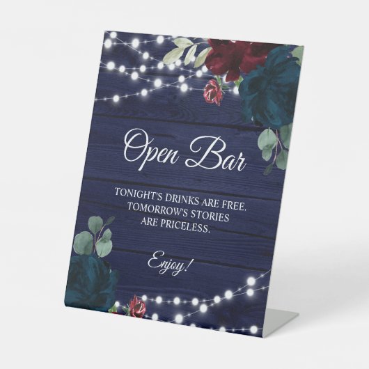 マルサラ&ネイビーフローラ素朴ウッドオープンバーサイン 台座サイン (正面)