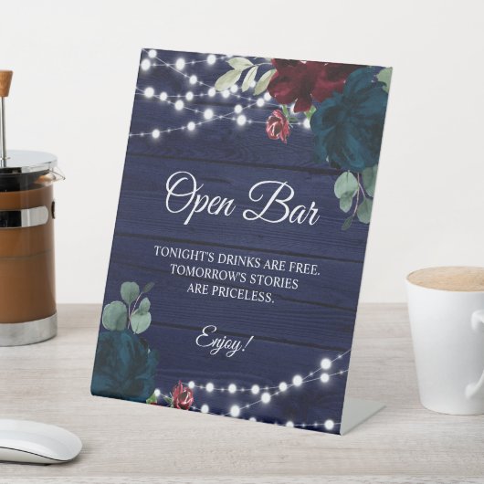 マルサラ&ネイビーフローラ素朴ウッドオープンバーサイン 台座サイン (インサイチュ)