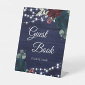 マルサラ&ネイビーフローラ素朴ウッドゲストブックサイン 台座サイン (正面)