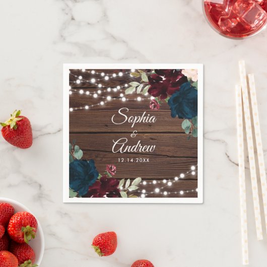 マルサラ&ネイビー素朴ウッド結婚ズ・ナプキンス スタンダードカクテルナプキン (インサイチュ)