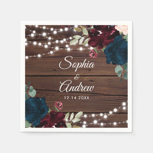 マルサラ&ネイビー素朴ウッド結婚ズ・ナプキンス スタンダードカクテルナプキン (正面)