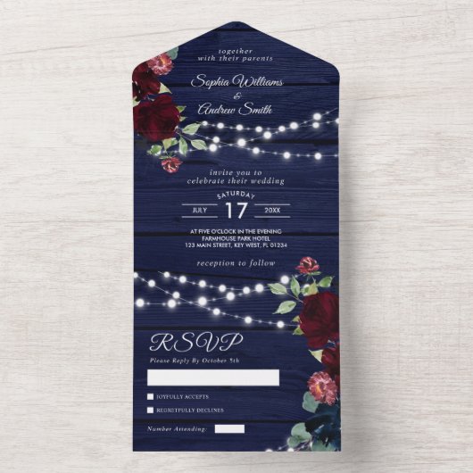 マルサラ&ネイビー素朴フラワーズウッドすべて1つの請求書 オールインワン招待状 (内側)