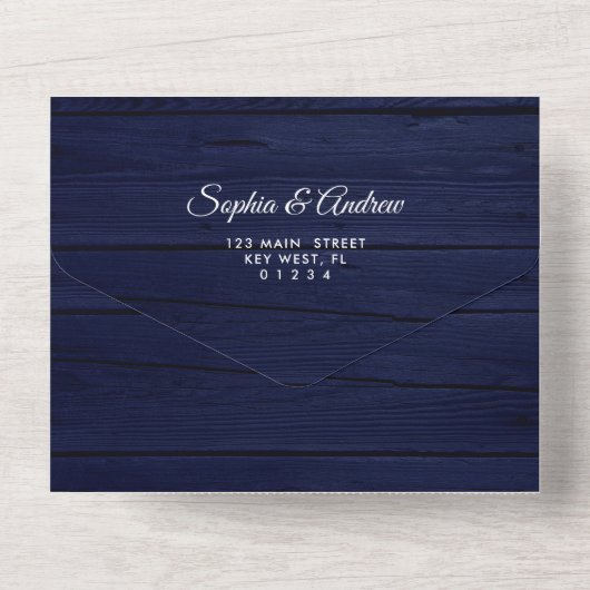 マルサラ&ネイビー素朴フラワーズウッドすべて1つの請求書 オールインワン招待状 (裏面)