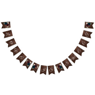 マルサラ&ネイビー素朴フラワーズ結婚ウッド バンティングフラッグ