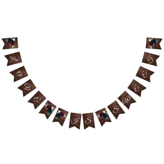 マルサラ&ネイビー素朴フラワーズ結婚ウッド バンティングフラッグ (全)