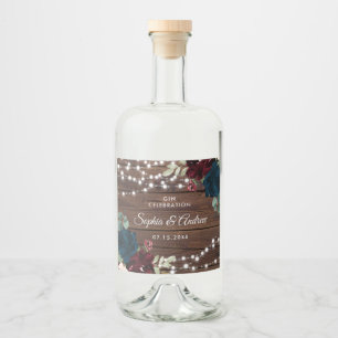 マルサラ&ネイビー素朴フラワーズ結婚ウッド リキュールボトルラベル