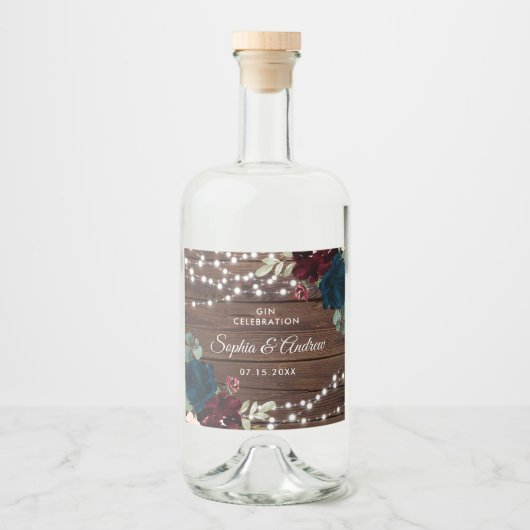 マルサラ&ネイビー素朴フラワーズ結婚ウッド リキュールボトルラベル (正面)