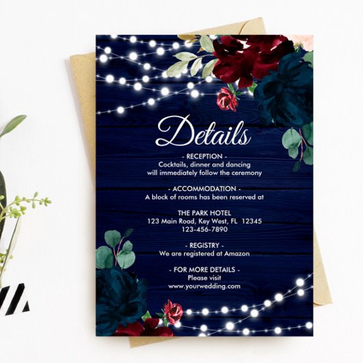 マルサラ&ネイビー花素朴木詳細 エンクロージャーカード