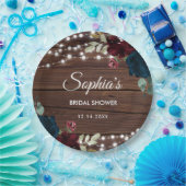 マルサラ & ネイビー フラワーズ ラスティック ブライダル シャワー ペーパープレート (パーティー)