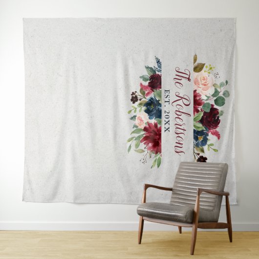 マルサラ & ネイビー フラワーブライダルシャワー ウェディング カスタム タペストリー (インサイチュ(横))