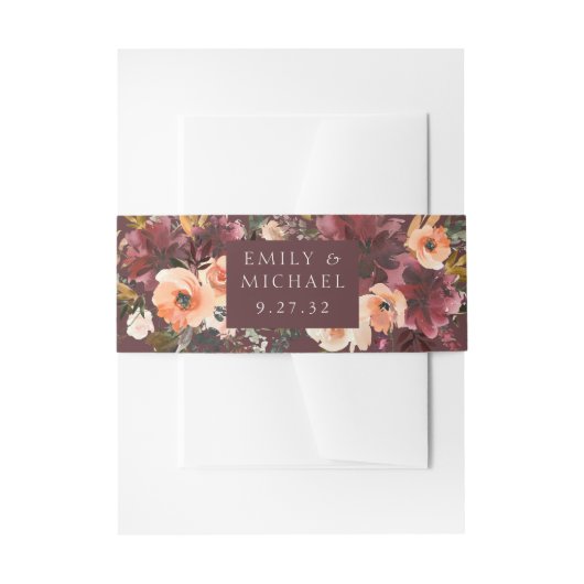 マルサラ バーガンディー ピーチ ウォーターカラー フローラル 招待状ベリーバンド (正面例)