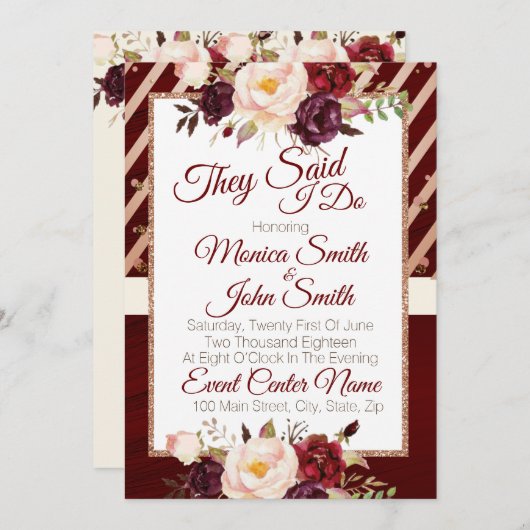 マルサラ バーガンディ フローラル ウェディング アナウンスメント 招待状 (正面/裏面)
