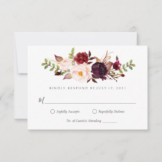 マルサラ バーガンディ フローラル ウェディング RSVP 招待状 (正面)