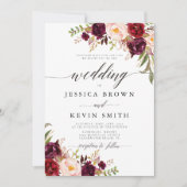 マルサラ バーガンディ フローラル ラスティック ウェディング 招待状 (正面)