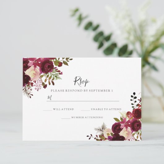 マルサラ バーガンディ レッド フローラル ウェディング RSVP (スタンド正面)