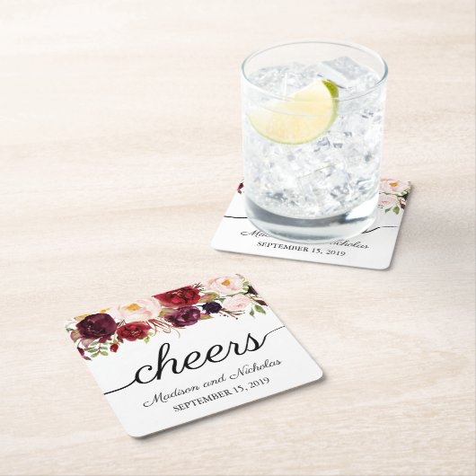 マルサラ&ピンクフローラ結婚の紙コースター スクエアペーパーコースター (インサイチュ)