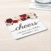 マルサラ&ピンクフローラ結婚の紙コースター スクエアペーパーコースター (アングル)