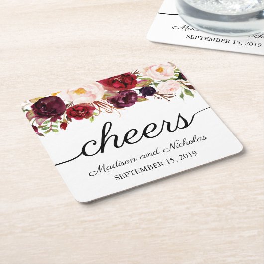 マルサラ&ピンクフローラ結婚の紙コースター スクエアペーパーコースター (アングル)