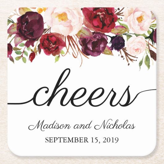 マルサラ&ピンクフローラ結婚の紙コースター スクエアペーパーコースター (正面)