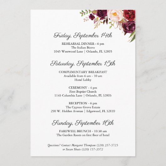 マルサラ&ピンクフローラ結婚ズホテルウェルカムカード プログラム (裏面)