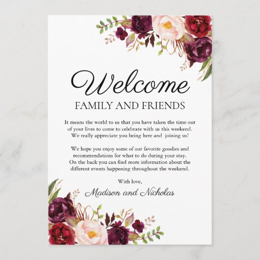 マルサラ&ピンクフローラ結婚ズホテルウェルカムカード プログラム (正面)