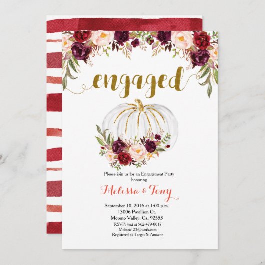 マルサラ フローラル ゴールド グリッター 婚約パーティー 招待状 (正面/裏面)