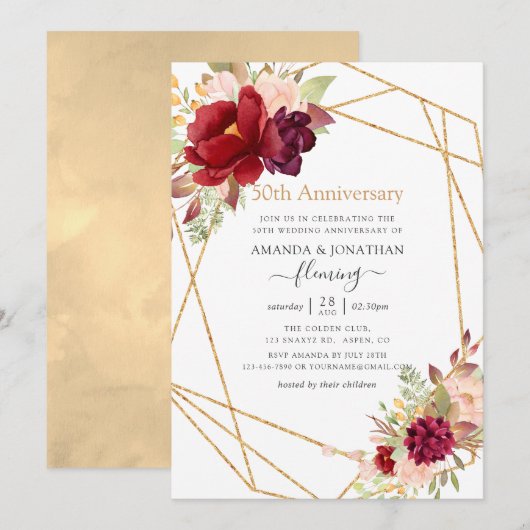 マルサラ & ブラッシュ ジオメトリック 50周年結婚記念日 招待状 (正面/裏面)