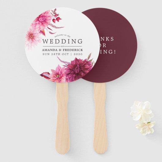 マルサラ - ブルゴーニュとピンクの秋の結婚式の引出物 ハンドファン (正面&裏面)