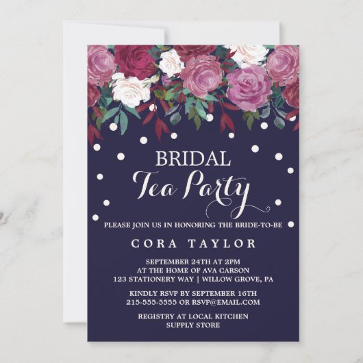 マルサラ&ブルゴーニュフローラオンネイビーブライダルティーパーティー 招待状 (正面)