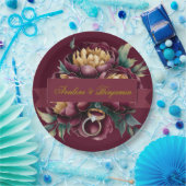 マルサラ・レッドと金ゴールド結婚牡丹とリングや輪 ペーパープレート (パーティー)