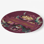 マルサラ・レッドと金ゴールド結婚牡丹とリングや輪 ペーパープレート (アングル)