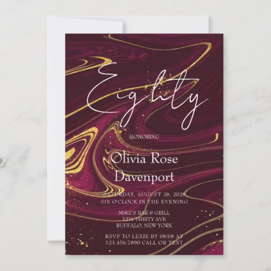 マルサラ ワイン ゴールド アルコール インク 80歳の誕生日パーティー 招待状 (正面)