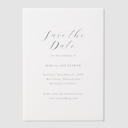 マルシアクラシックエレガントな結婚式の日付を保存 ベラム紙招待状 (正面)