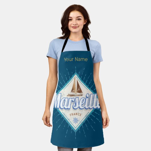 マルセイユシティフランスレトロ帆船ヴィンテージ エプロン (着用した状態)