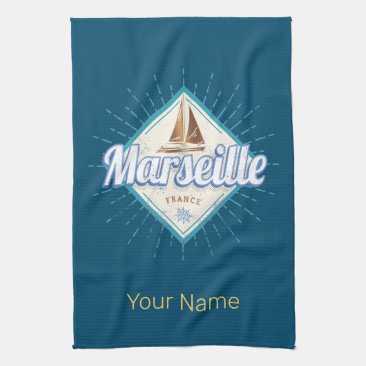 マルセイユシティフランスレトロ帆船ヴィンテージ キッチンタオル (縦)