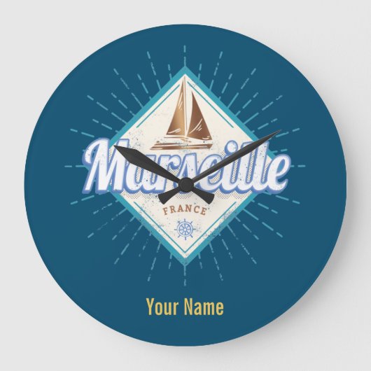 マルセイユシティフランスレトロ帆船ヴィンテージ ラージ壁時計 (正面)