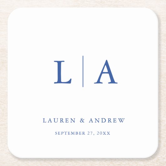 マルセイユブルーモノグラムエレガントシンプルズ結婚ス スクエアペーパーコースター (正面)