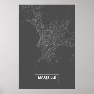 マルセイユ フランス (黒地に白) ポスター