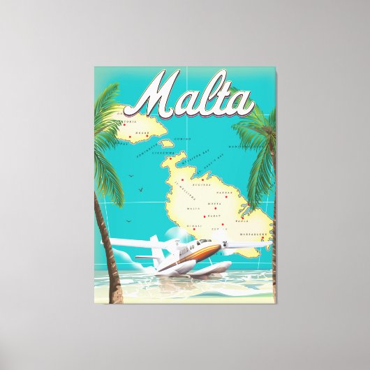 マルタのビーチと地図の旅行ポスター キャンバスプリント (正面)