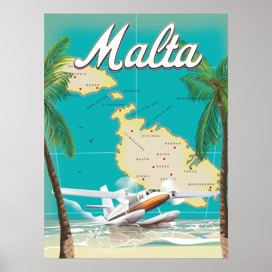 マルタのビーチと地図の旅行ポスター ポスター (正面)