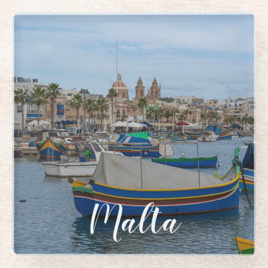 マルタ伝統的のカラフル魚釣り船 ガラスコースター (正面)